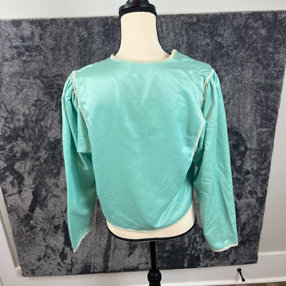 Vtg Bill Tice Pajama Top Satin Women's S Blue Embroidered Tie Long Sleeve - Picture 5 of 11